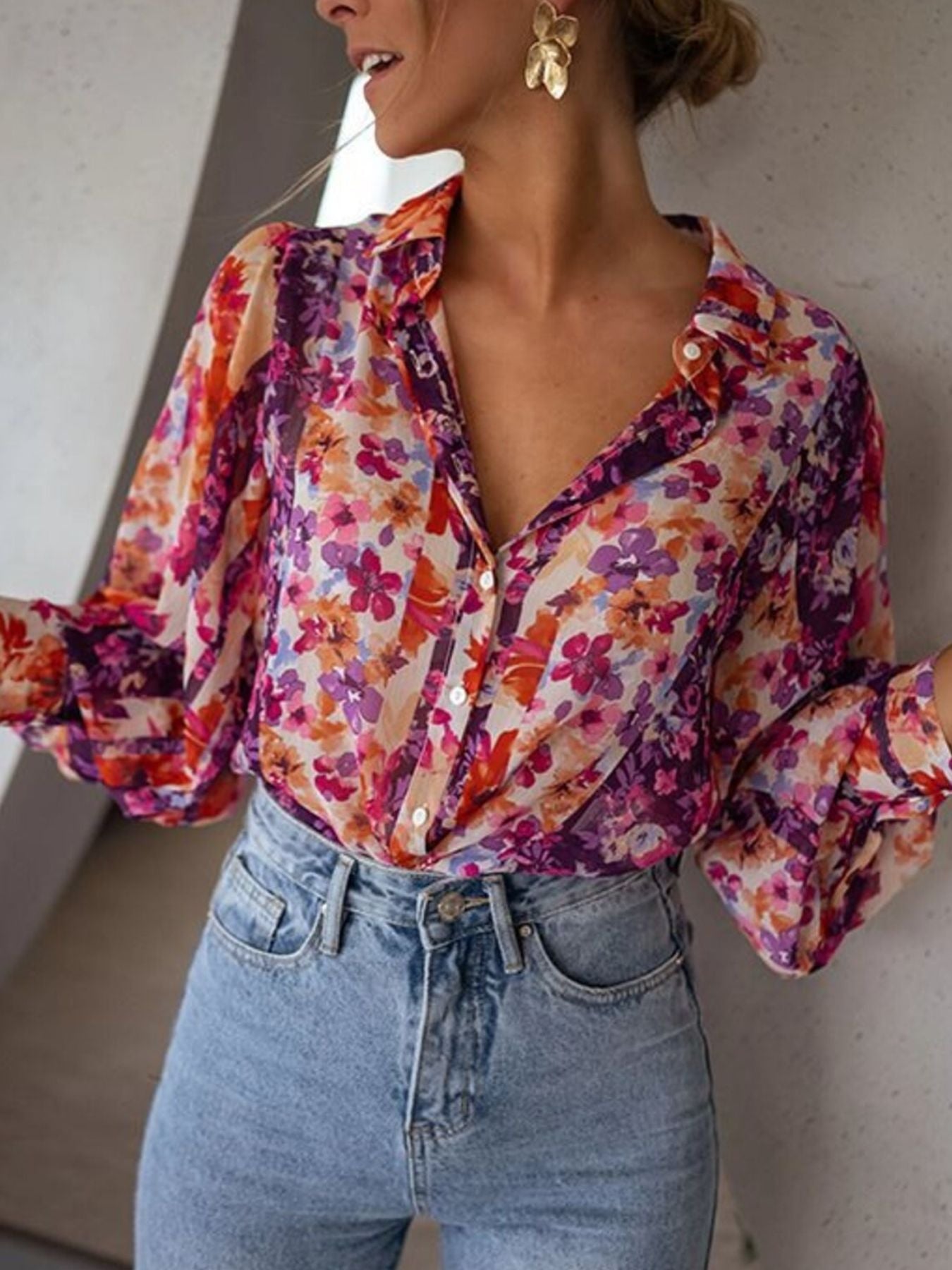 Floral Print Button-Up Blouse