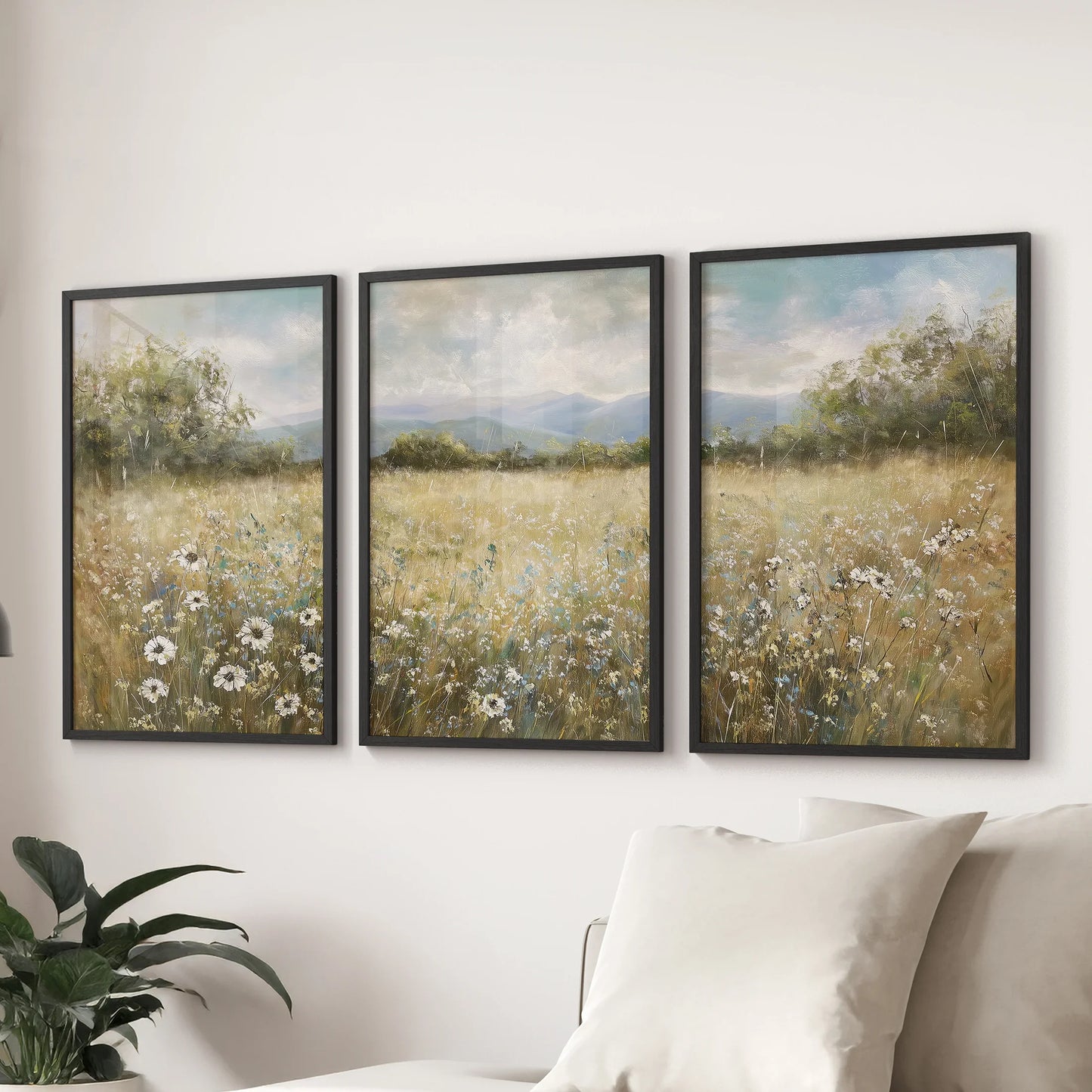 Neutral Meadow Wildflowers Wall Art. Set of 3 Nature Prints