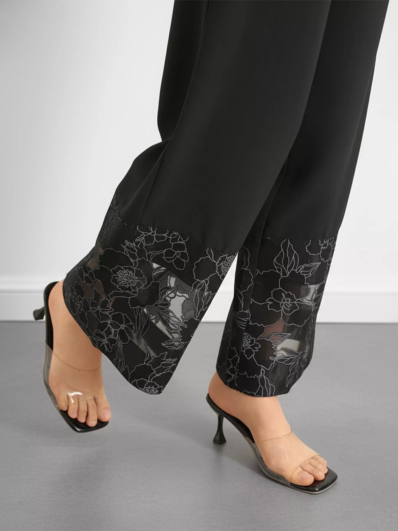 Floral Wide Leg Pants with Lace Hem