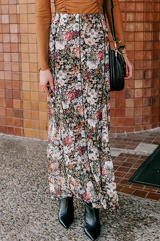 Floral High Waist Maxi Skirt in Warm Brown