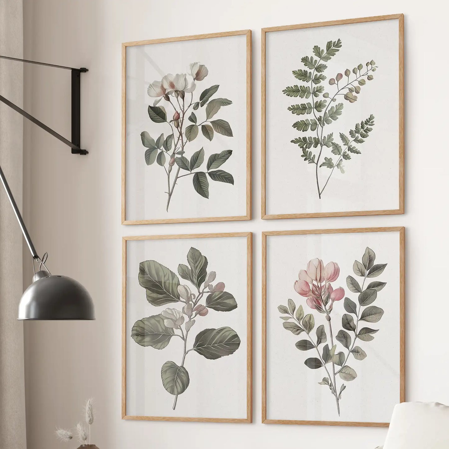Wall Art Set of 4 Prints. Fern, Cotton, Rose Flowers Decor
