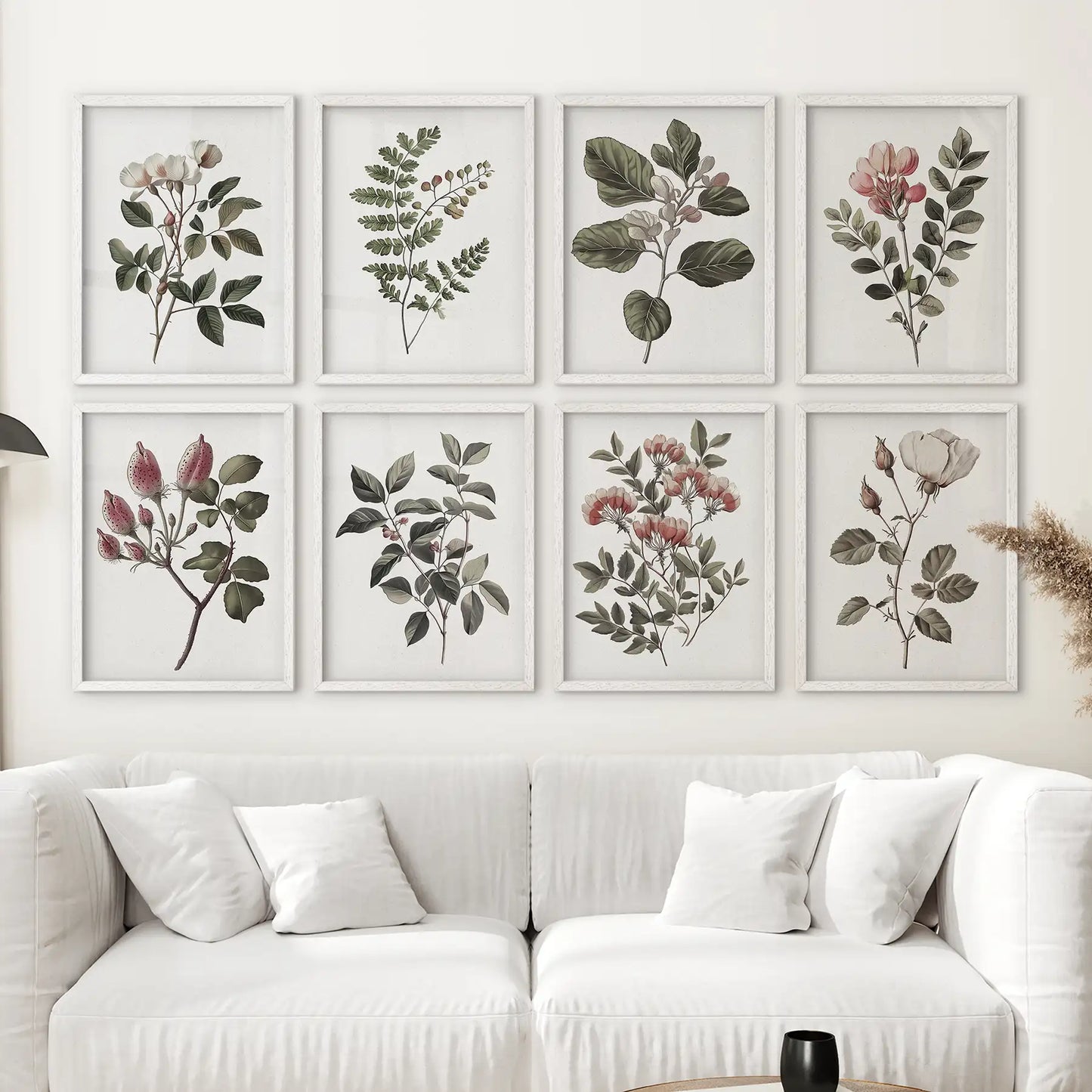 Antique Botanical set of 8 Prints. White Rose Wall Art