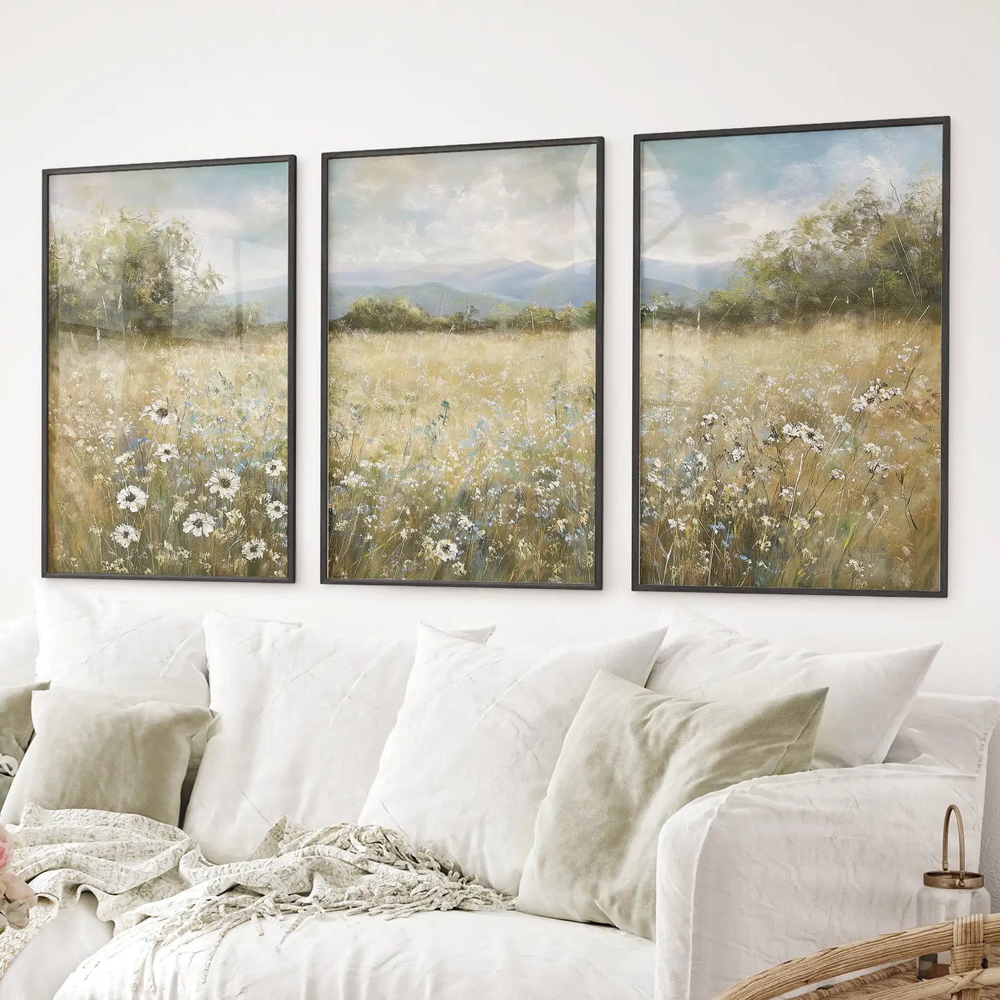Neutral Meadow Wildflowers Wall Art. Set of 3 Nature Prints