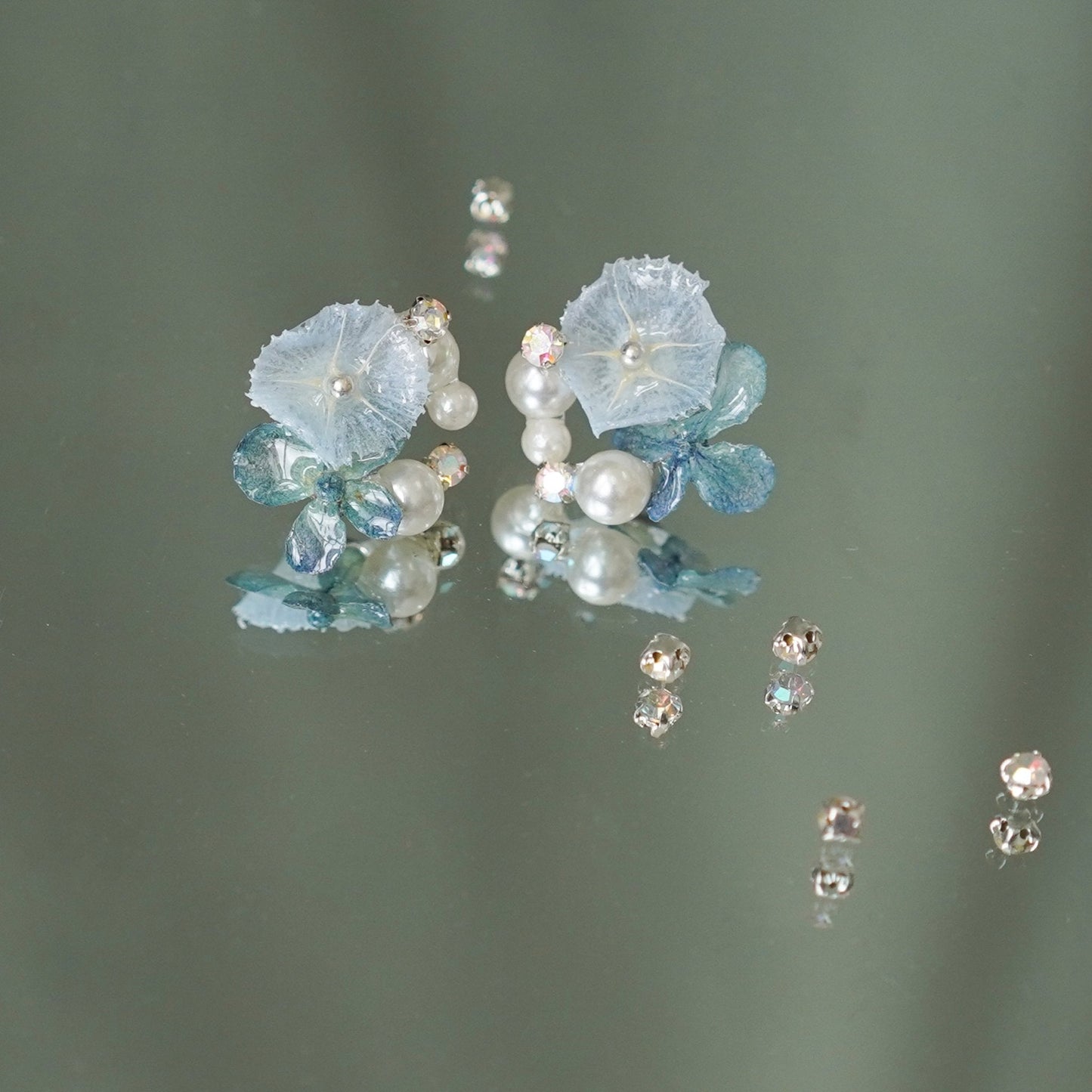 Preserved Blue Hydrangea Earrings with Pearl Drop — "Raindrop Waltz"
