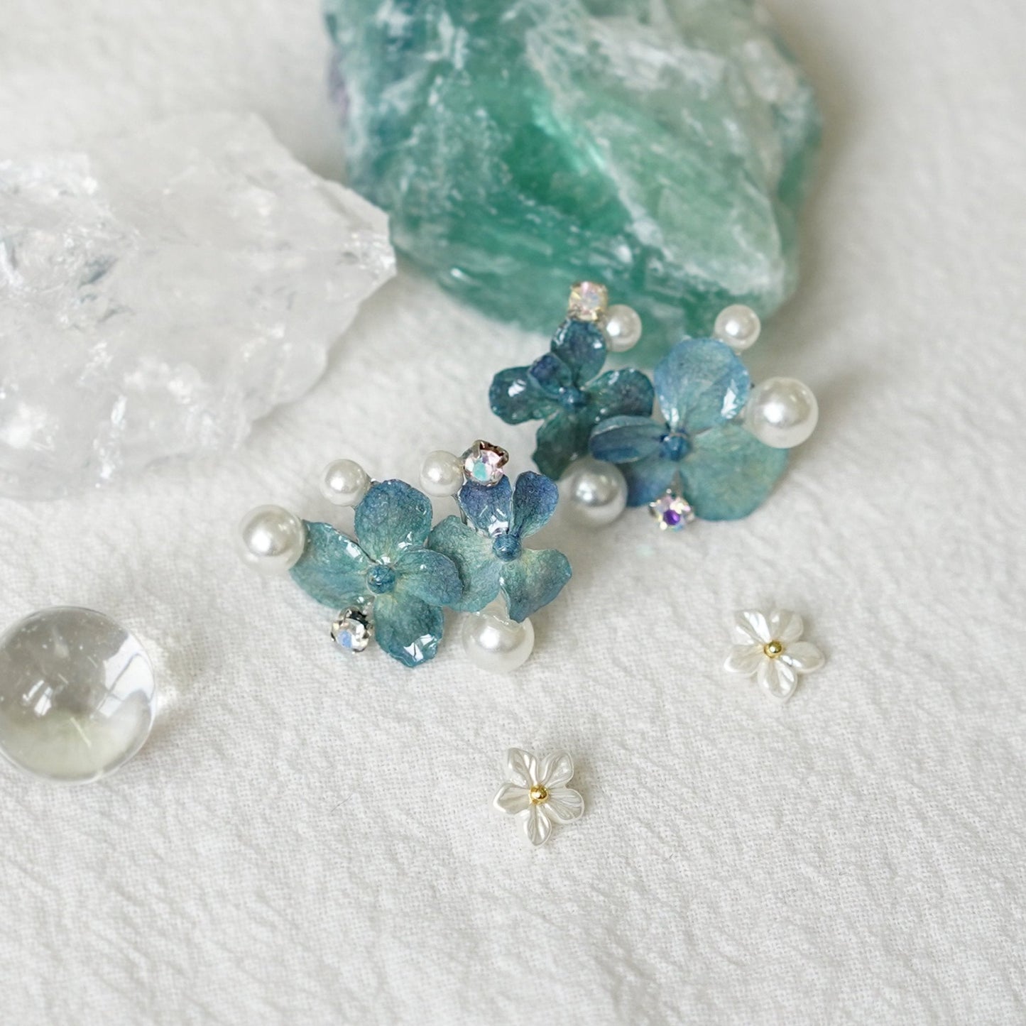 Preserved Blue Hydrangea Earrings with Pearl Drop — "Raindrop Waltz"