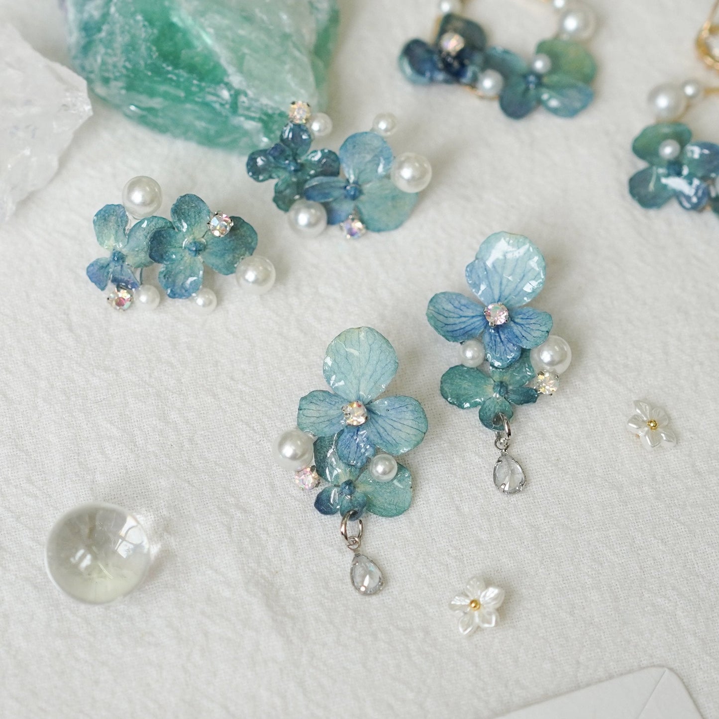 Preserved Blue Hydrangea Earrings with Pearl Drop — "Raindrop Waltz"