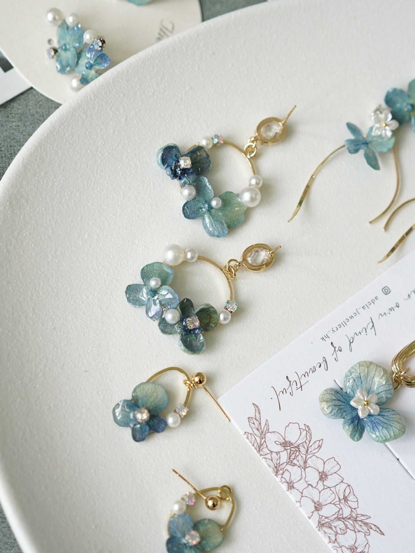 Preserved Blue Hydrangea Earrings with Pearl Drop — "Raindrop Waltz"