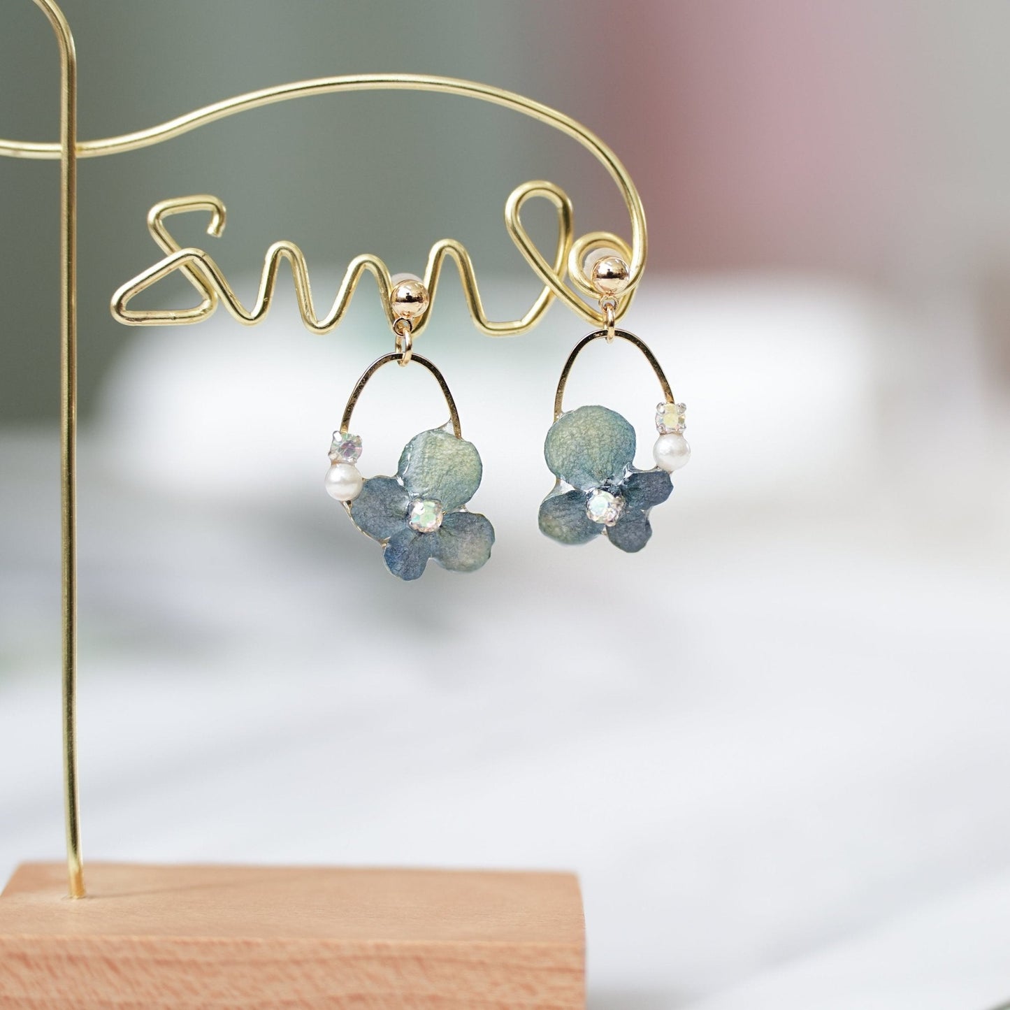 Preserved Blue Hydrangea Earrings with Pearl Drop — "Raindrop Waltz"