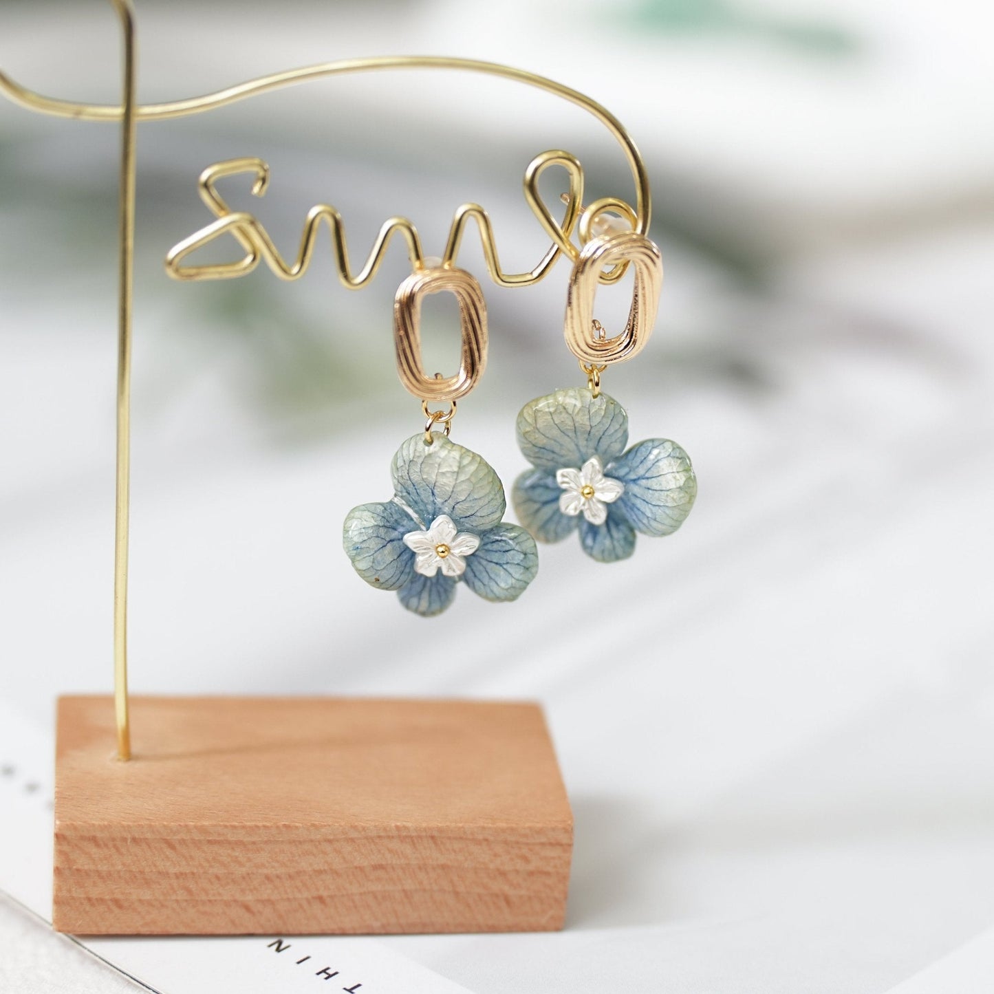 Preserved Blue Hydrangea Earrings with Pearl Drop — "Raindrop Waltz"