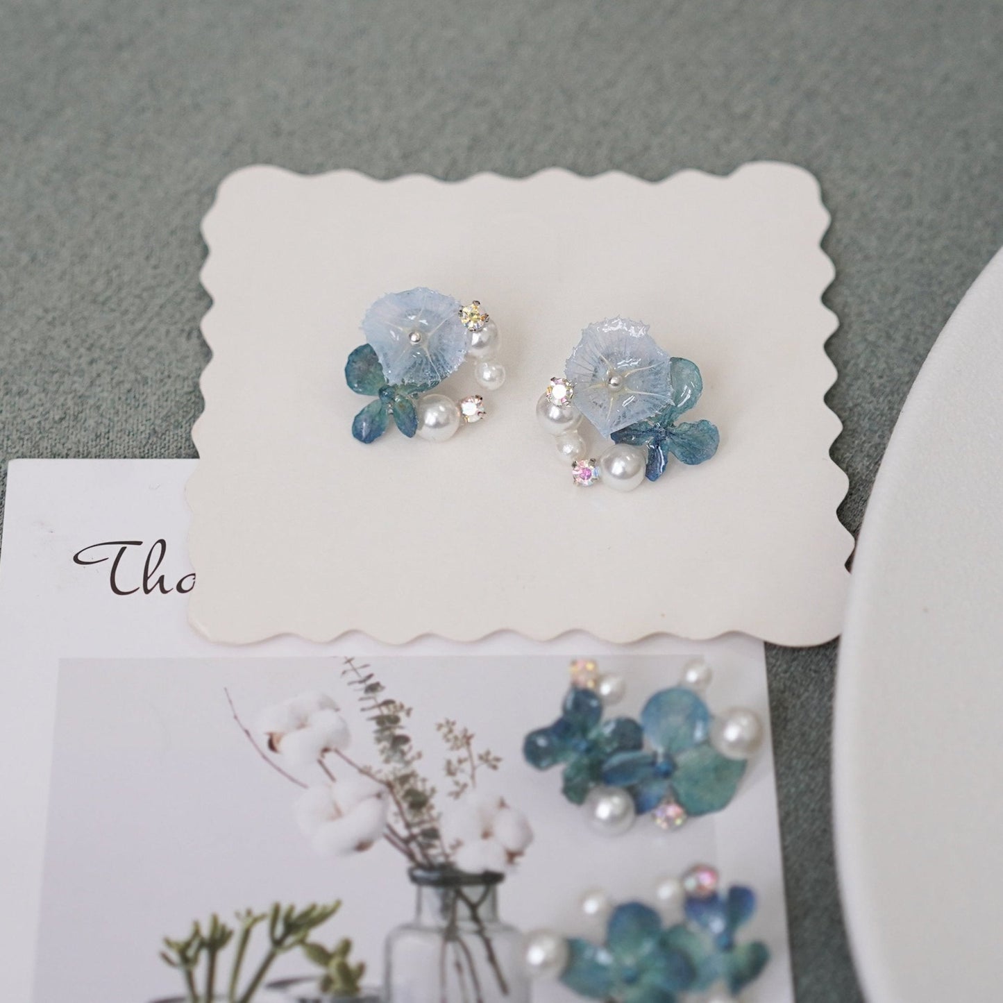 Preserved Blue Hydrangea Earrings with Pearl Drop — "Raindrop Waltz"