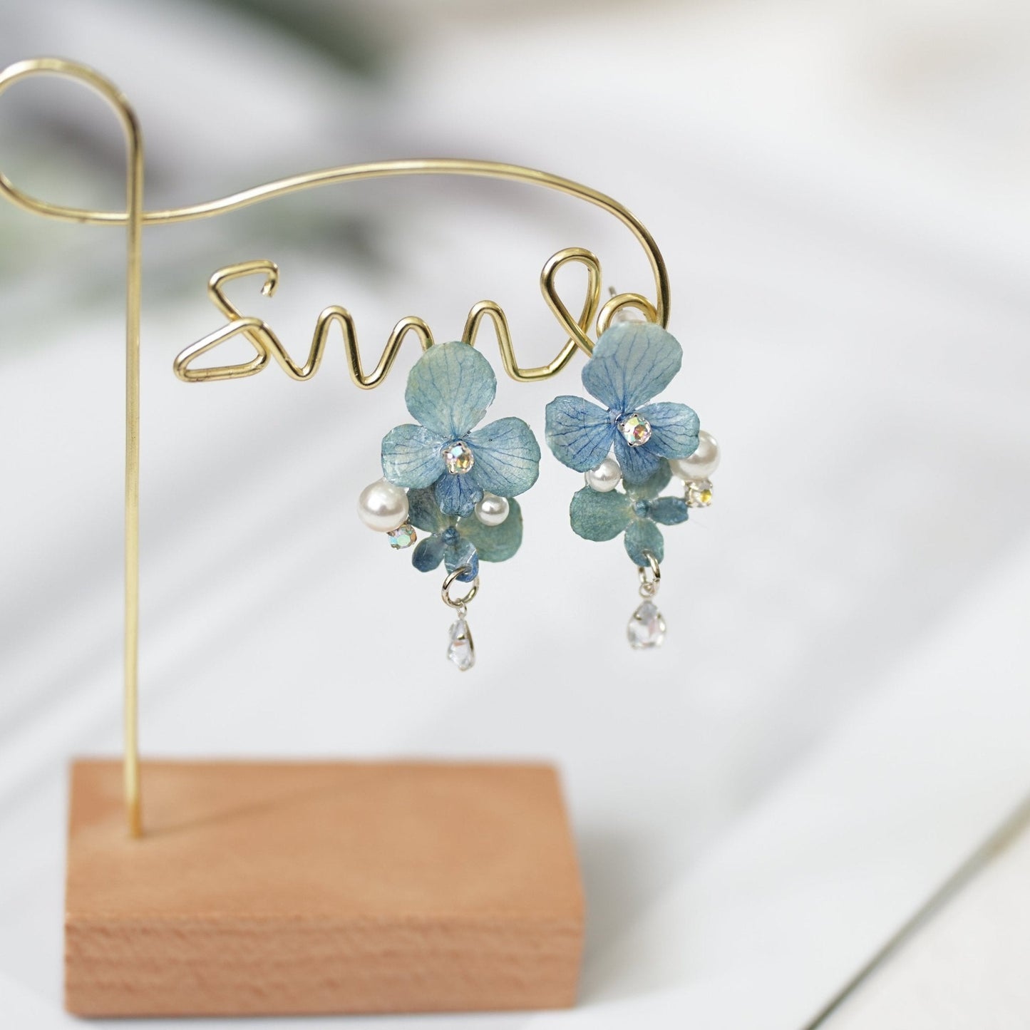 Preserved Blue Hydrangea Earrings with Pearl Drop — "Raindrop Waltz"