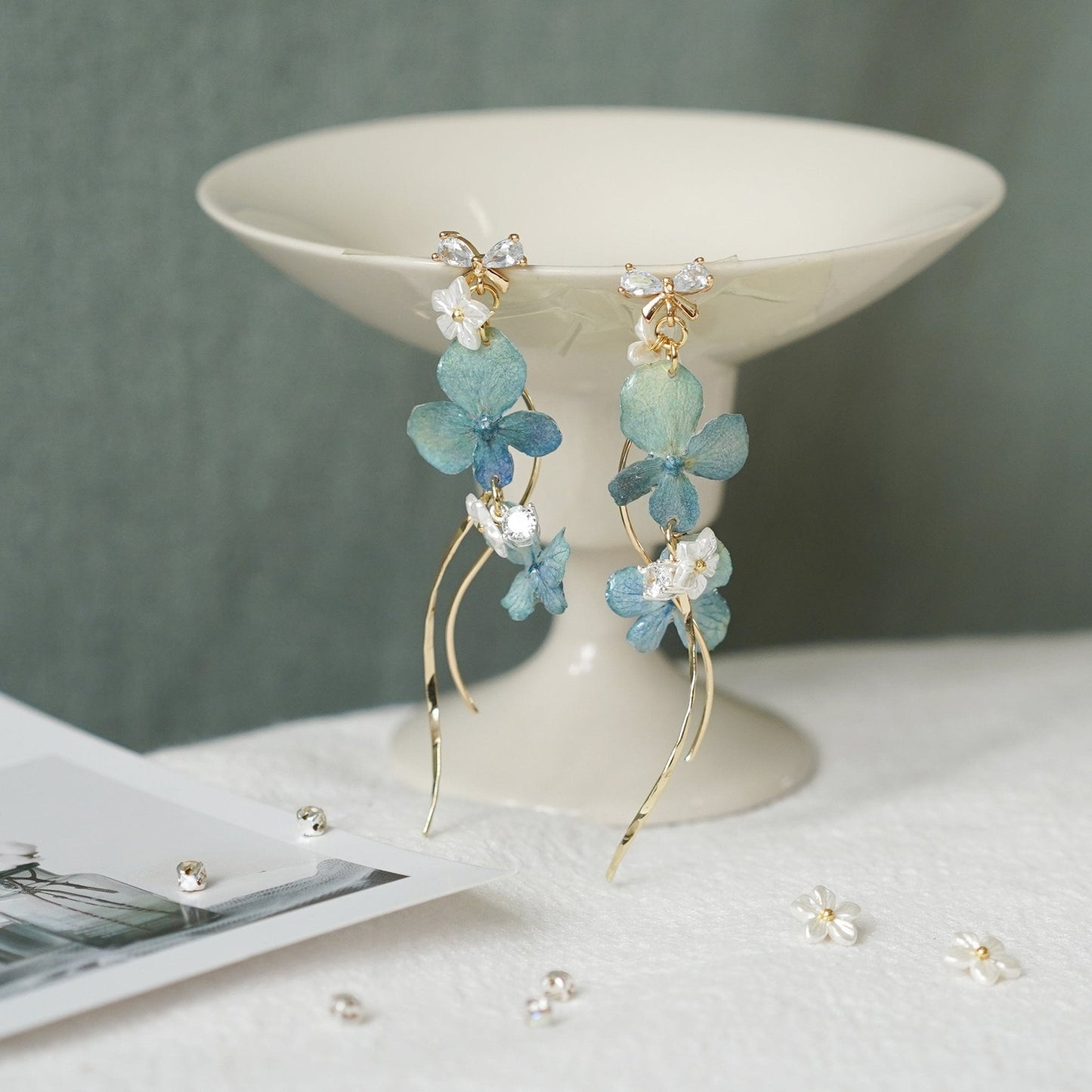 Preserved Blue Hydrangea Earrings with Pearl Drop — "Raindrop Waltz"