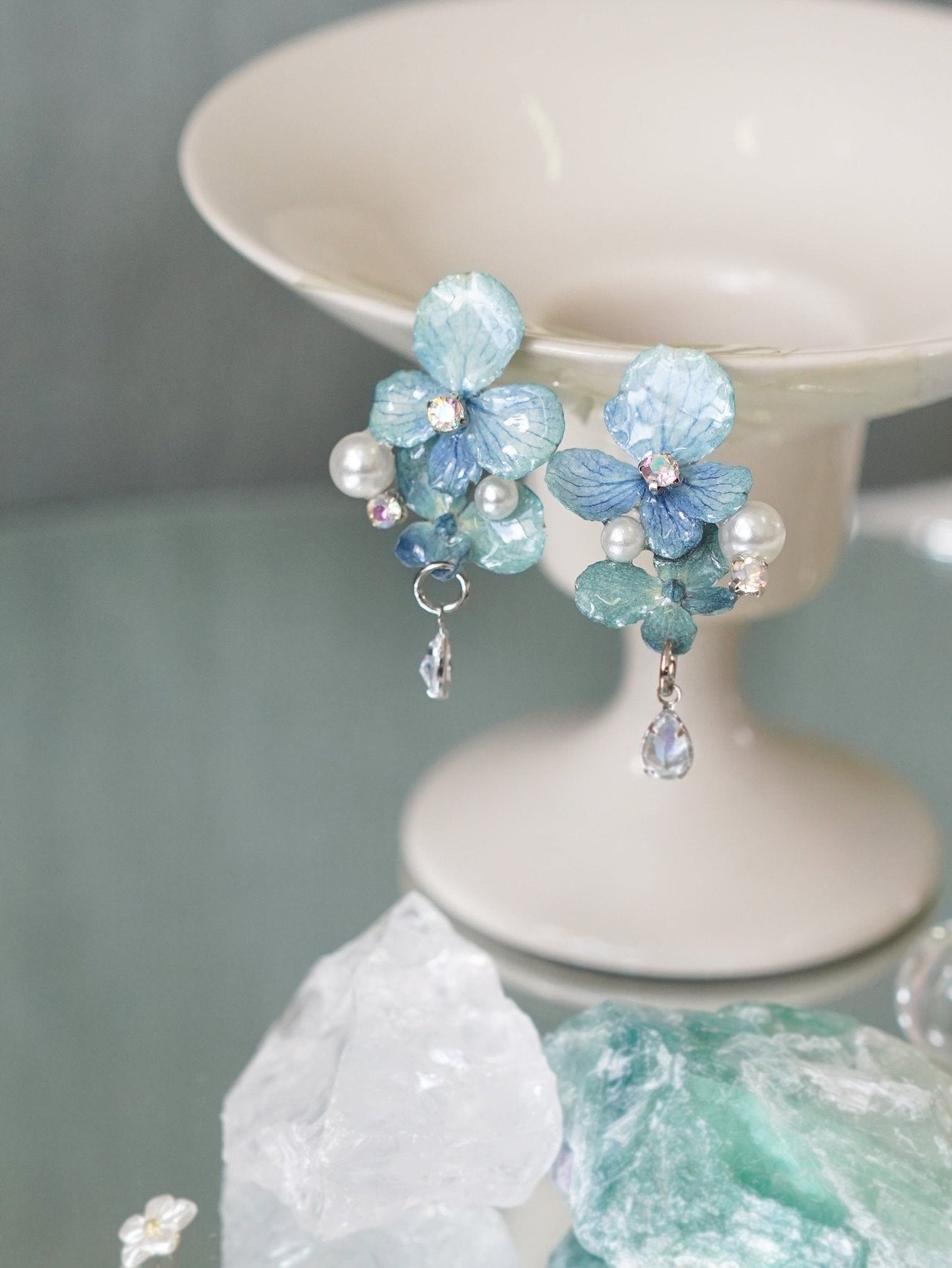 Preserved Blue Hydrangea Earrings with Pearl Drop — "Raindrop Waltz"