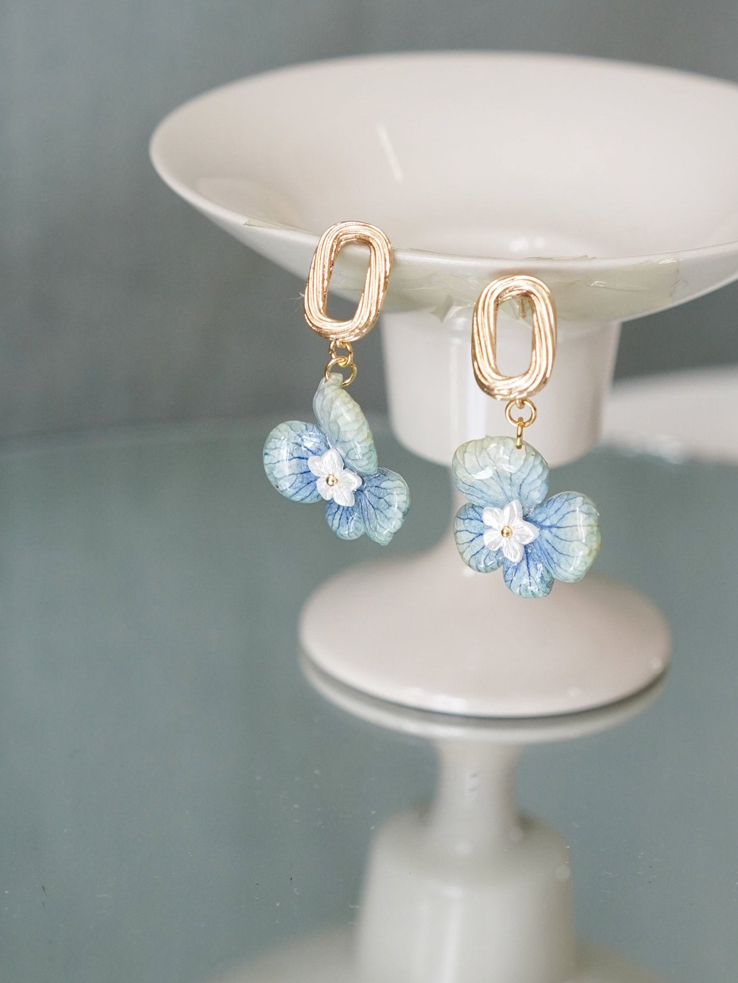 Preserved Blue Hydrangea Earrings with Pearl Drop — "Raindrop Waltz"