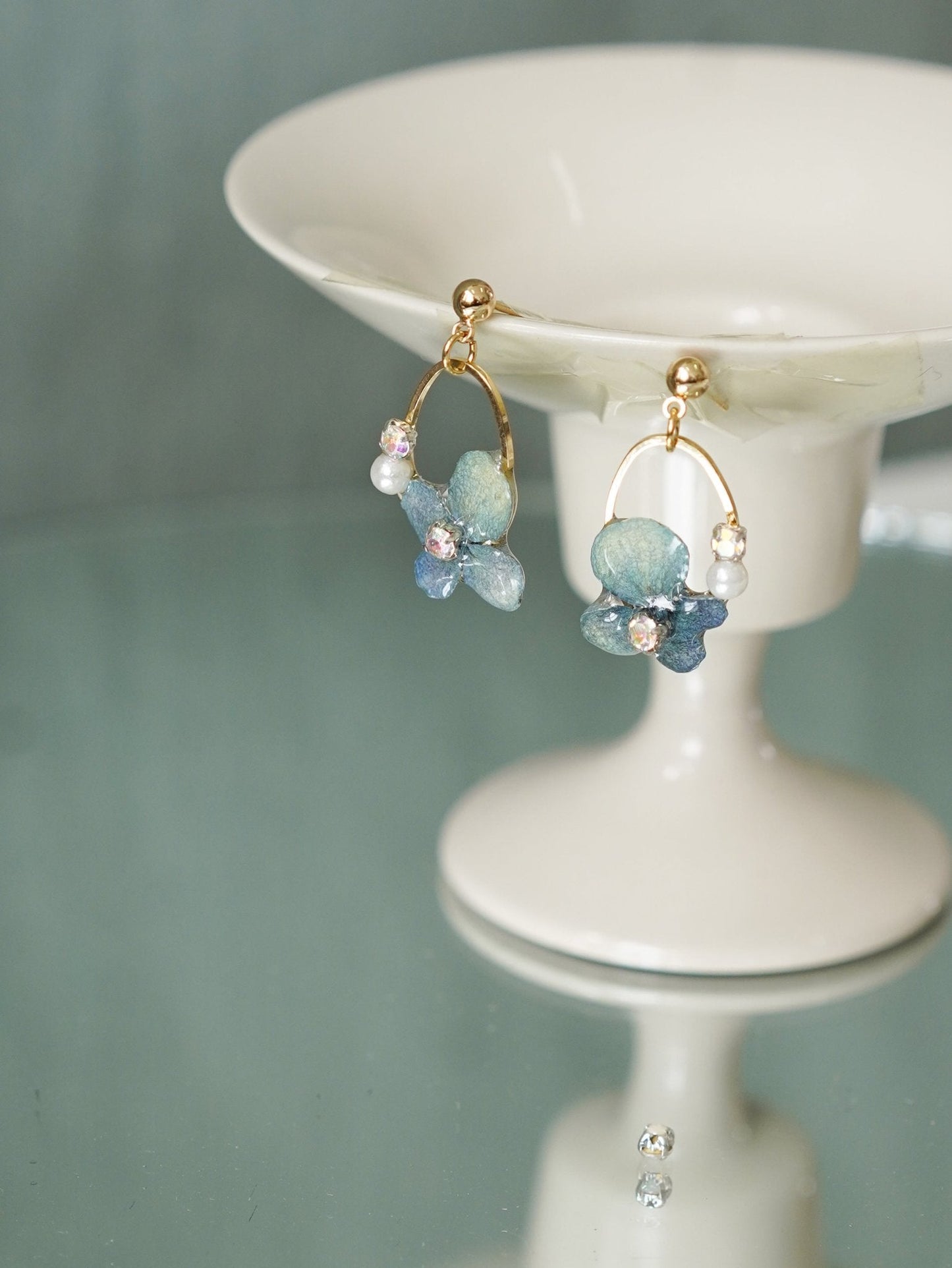 Preserved Blue Hydrangea Earrings with Pearl Drop — "Raindrop Waltz"