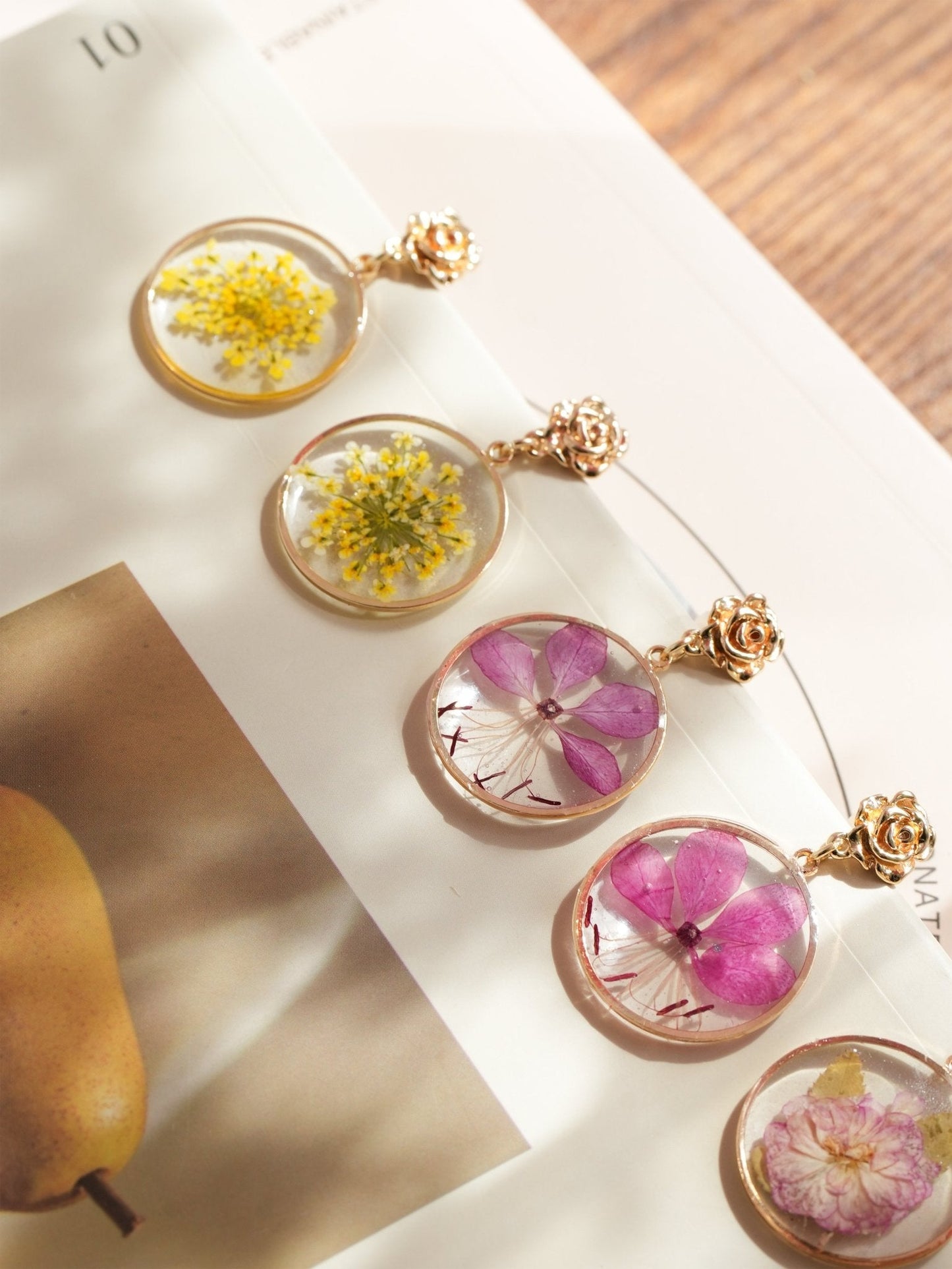 Pressed Queen Anne's Lace Earrings — "Golden Sunburst"