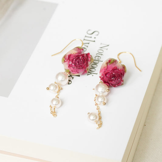 Preserved Miniature Rose Earrings with Pearl Chain