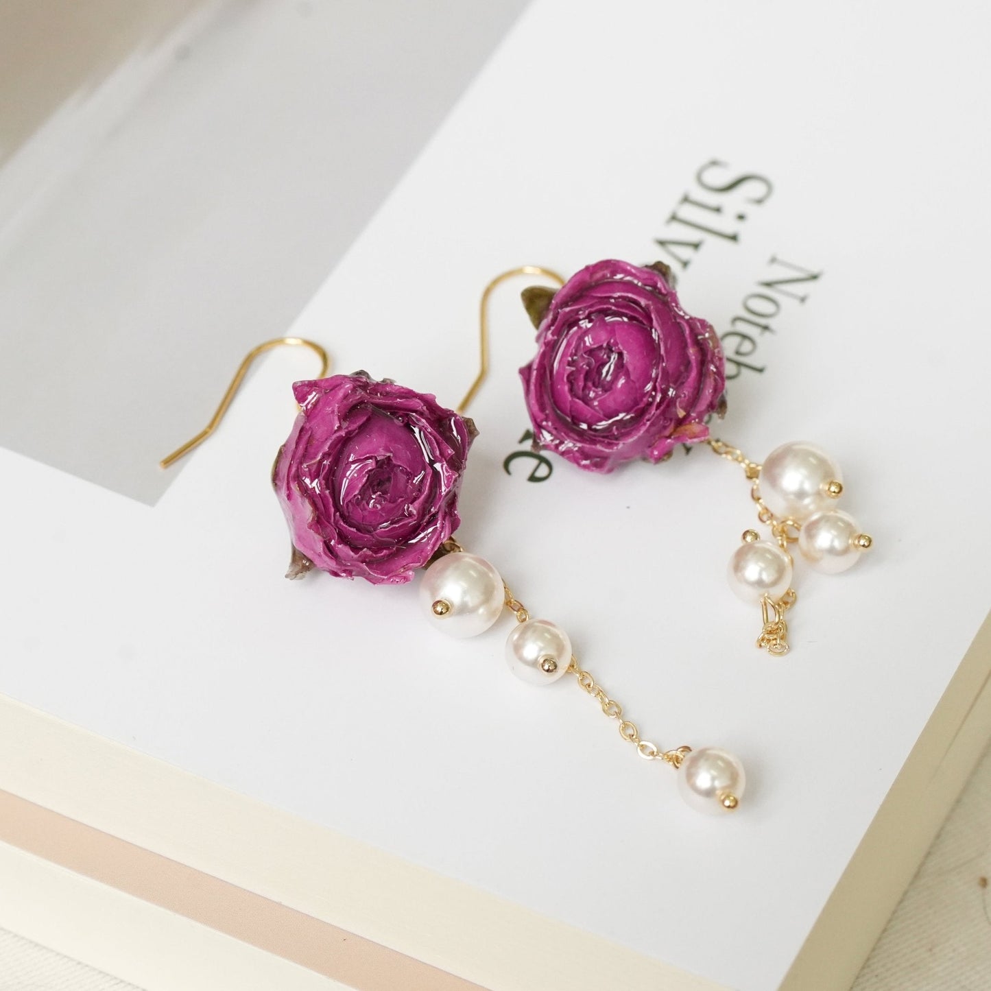 Preserved Miniature Rose Earrings with Pearl Chain