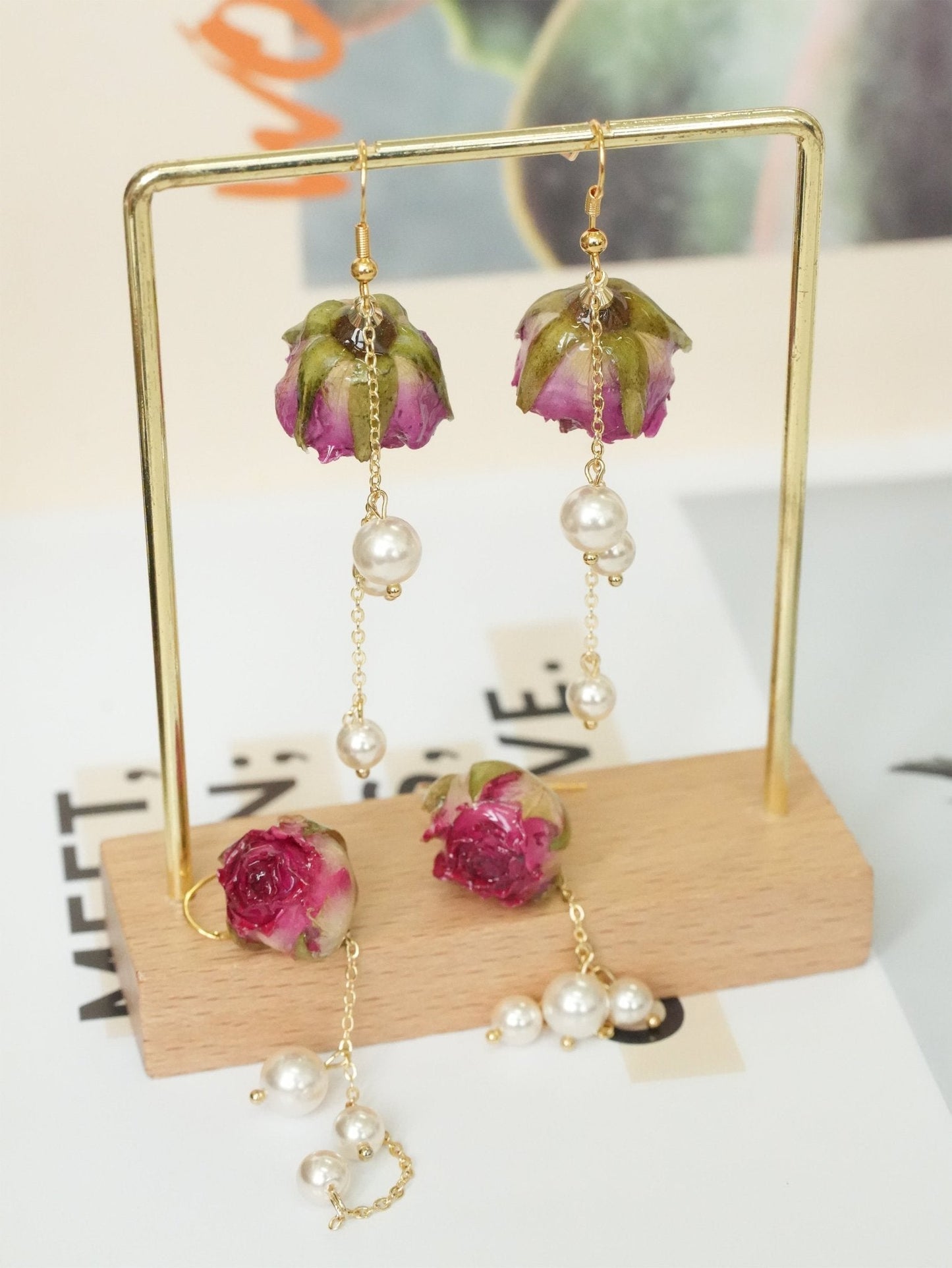 Preserved Miniature Rose Earrings with Pearl Chain