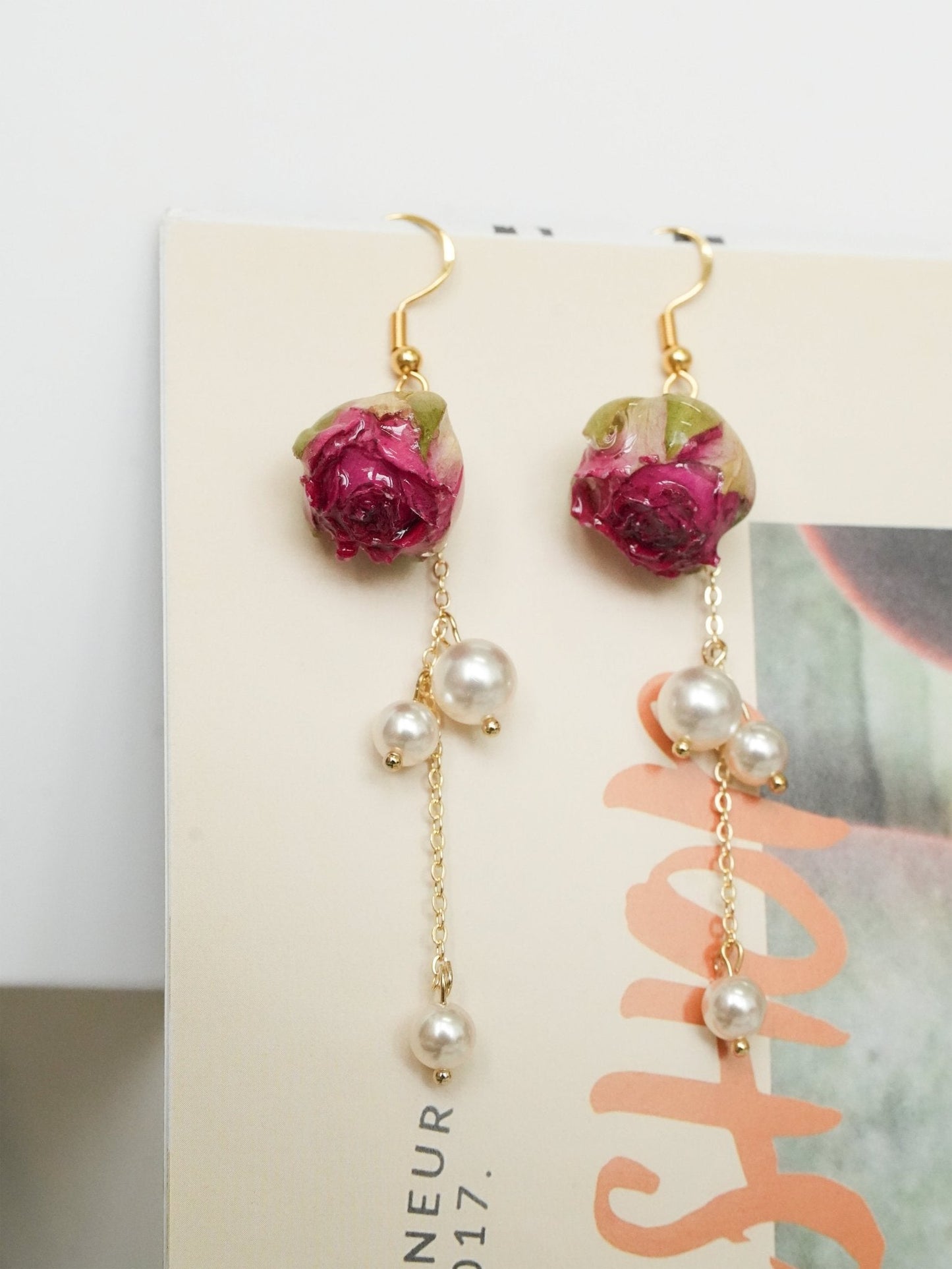 Preserved Miniature Rose Earrings with Pearl Chain
