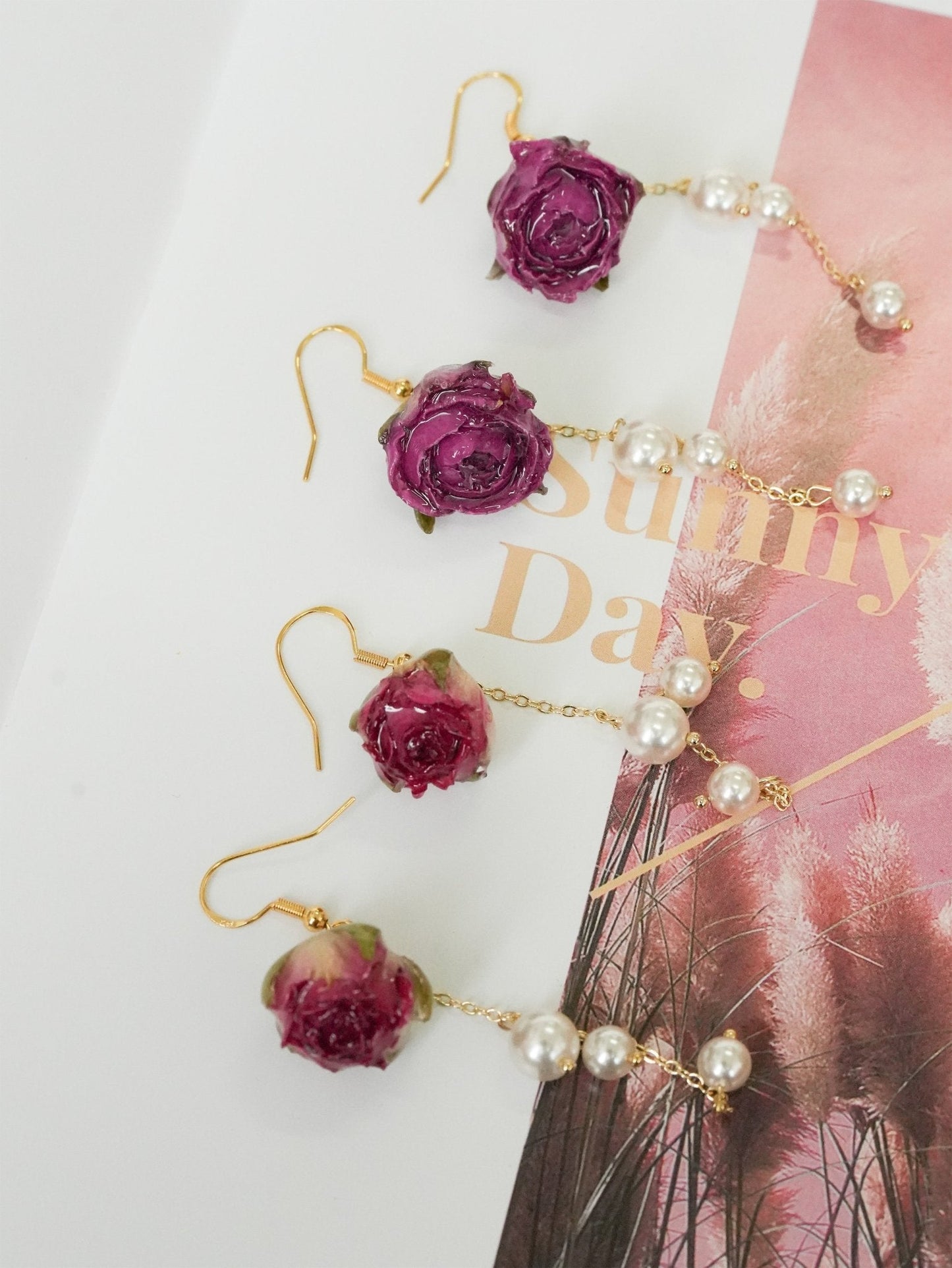 Preserved Miniature Rose Earrings with Pearl Chain