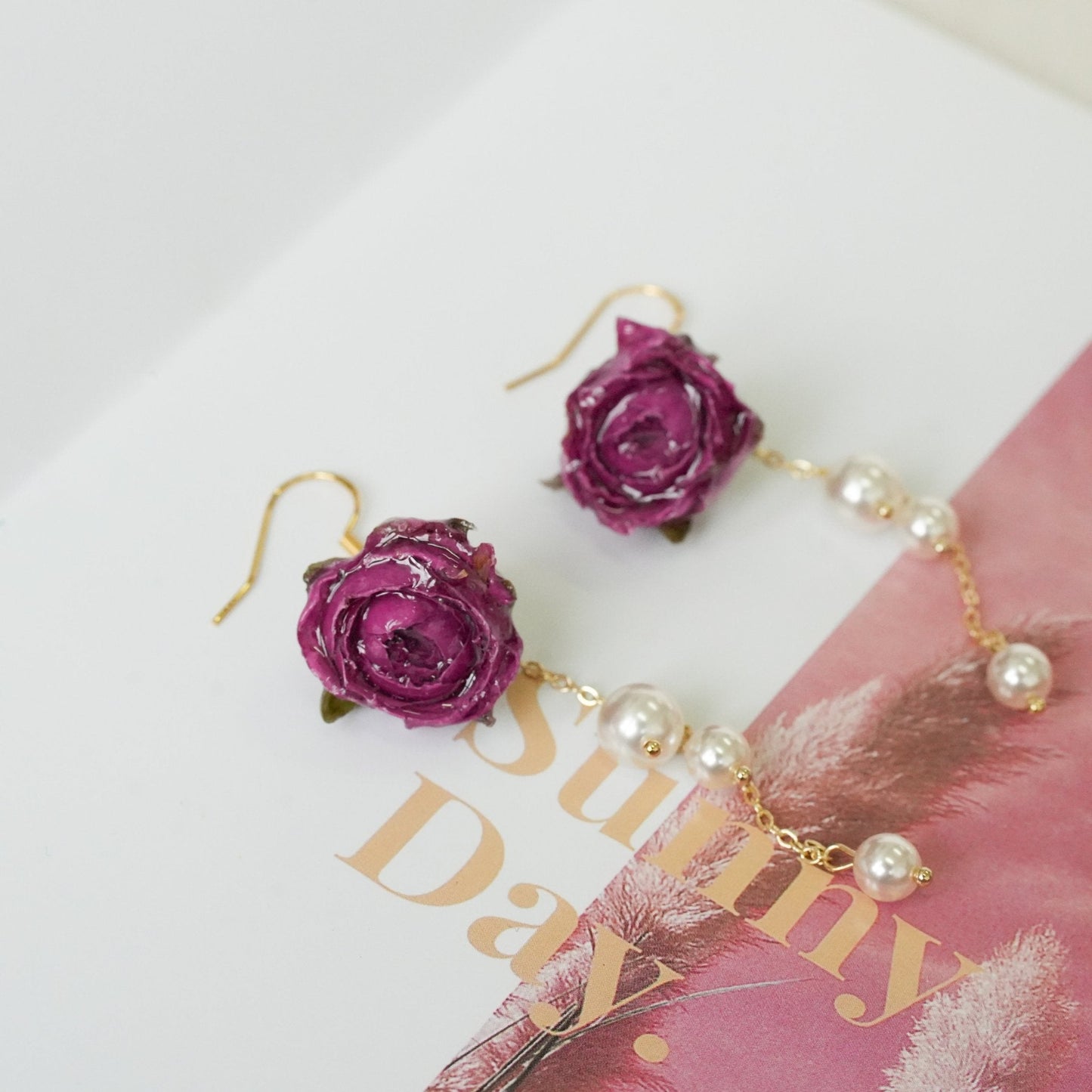 Preserved Miniature Rose Earrings with Pearl Chain