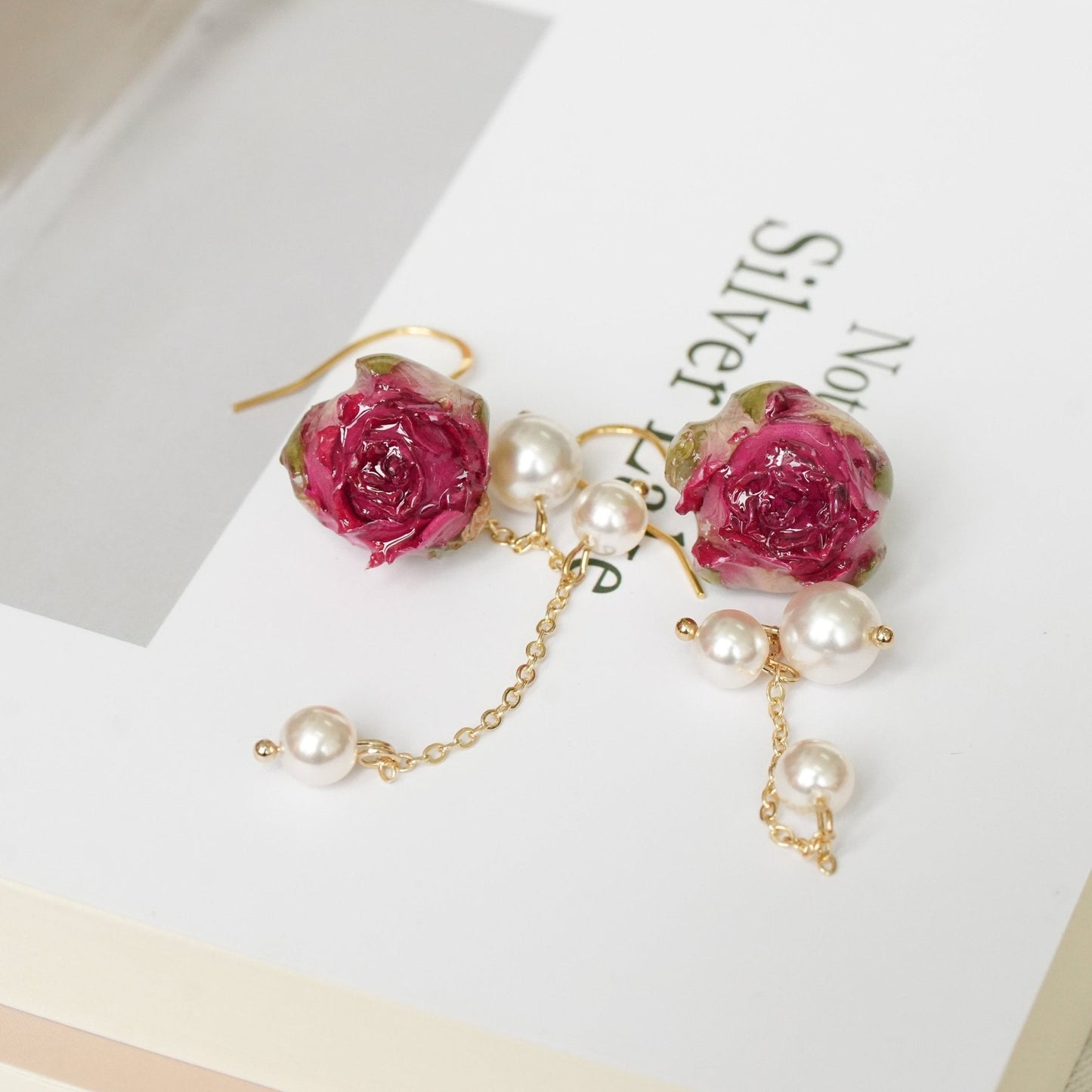 Preserved Miniature Rose Earrings with Pearl Chain