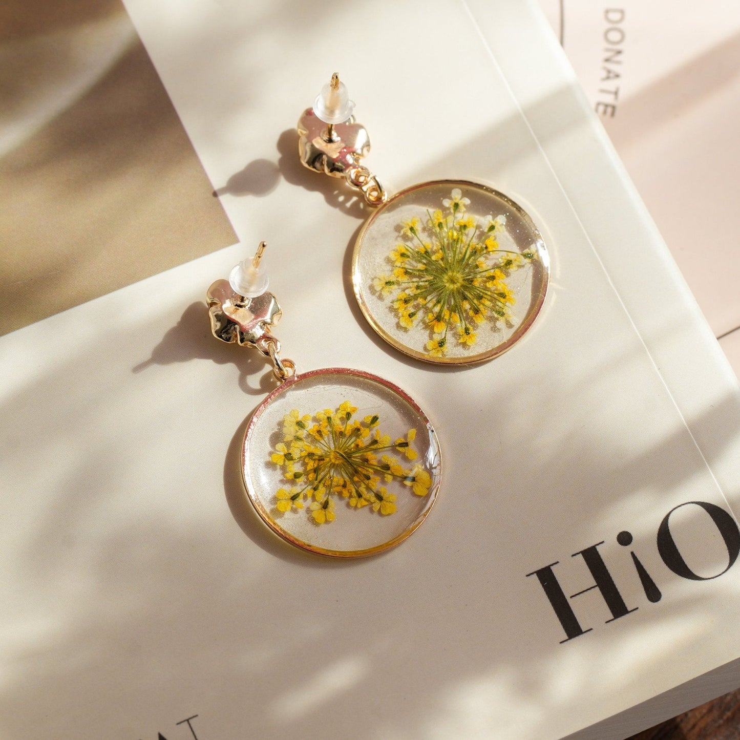 Pressed Queen Anne's Lace Earrings — "Golden Sunburst"
