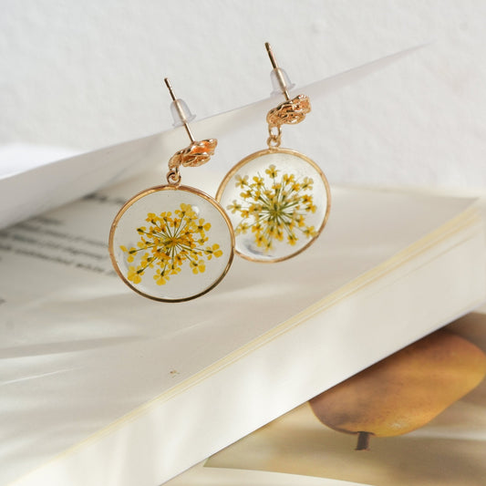 Pressed Queen Anne's Lace Earrings — "Golden Sunburst"