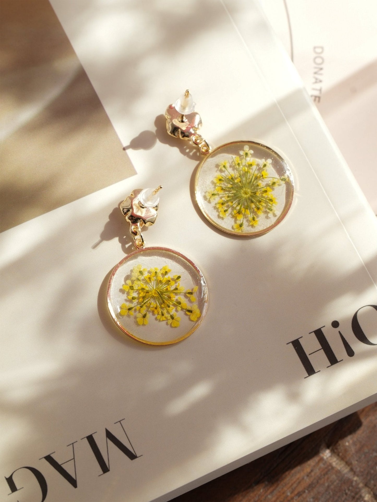 Pressed Queen Anne's Lace Earrings — "Golden Sunburst"