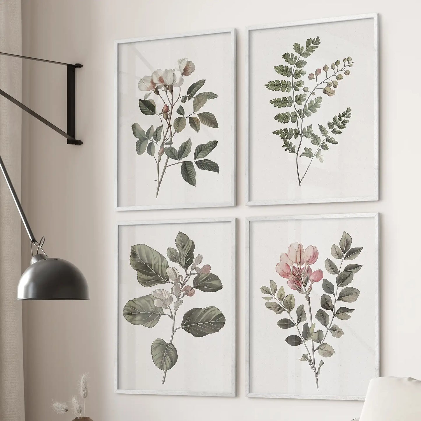 Wall Art Set of 4 Prints. Fern, Cotton, Rose Flowers Decor