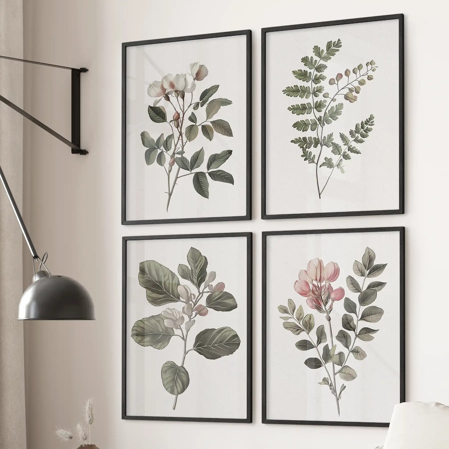 Wall Art Set of 4 Prints. Fern, Cotton, Rose Flowers Decor