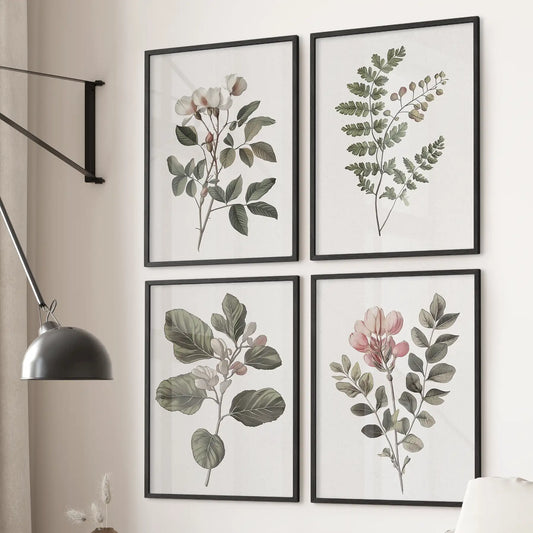Wall Art Set of 4 Prints. Fern, Cotton, Rose Flowers Decor